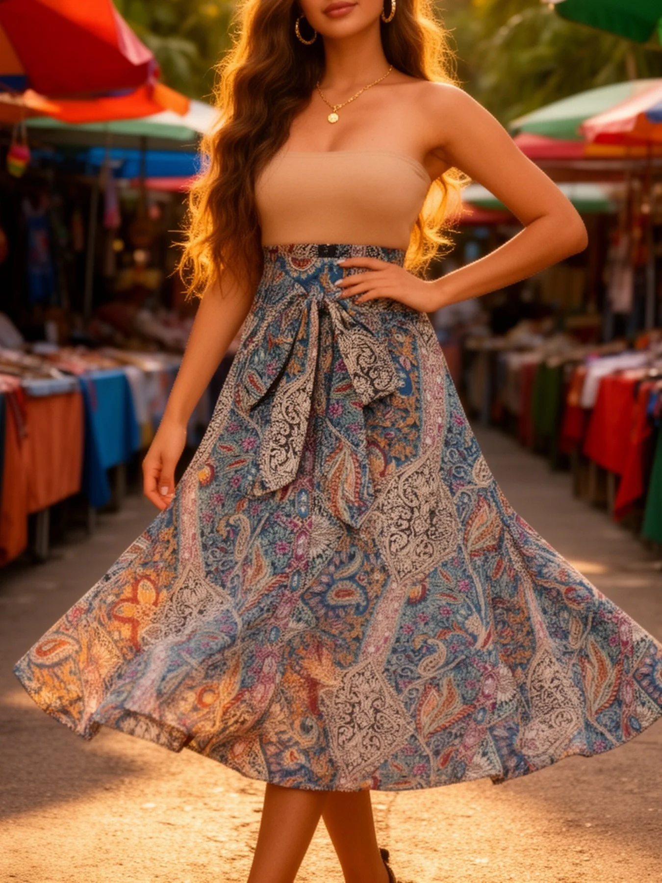 Damen Eleganter Boho Midirock mit Paisley-Muster und Schleifendetail – Perfekt für Frühling & Sommer