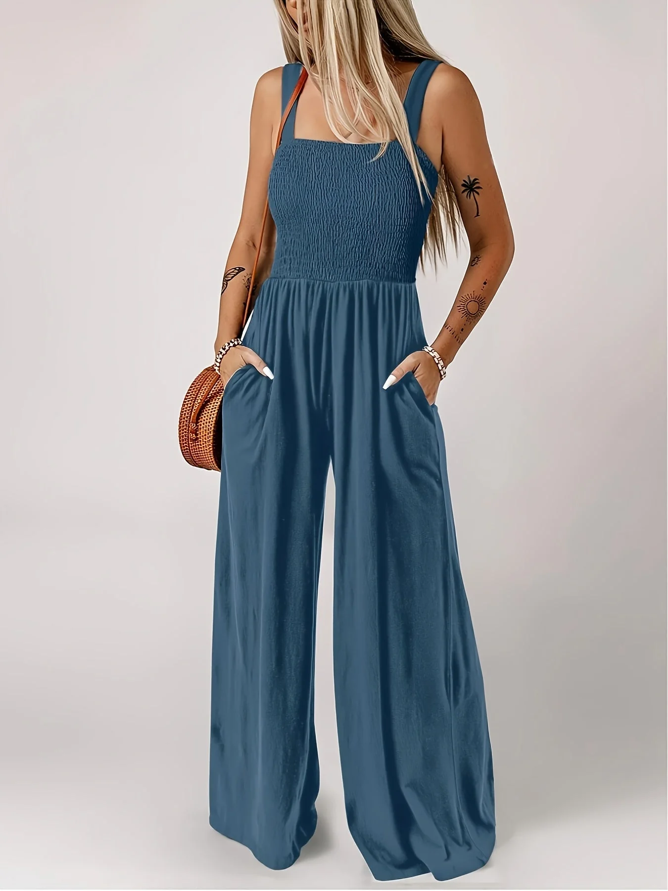 Damen Eleganter Jumpsuit mit Smock-Top und Weitem Bein für Alltag und Freizeit