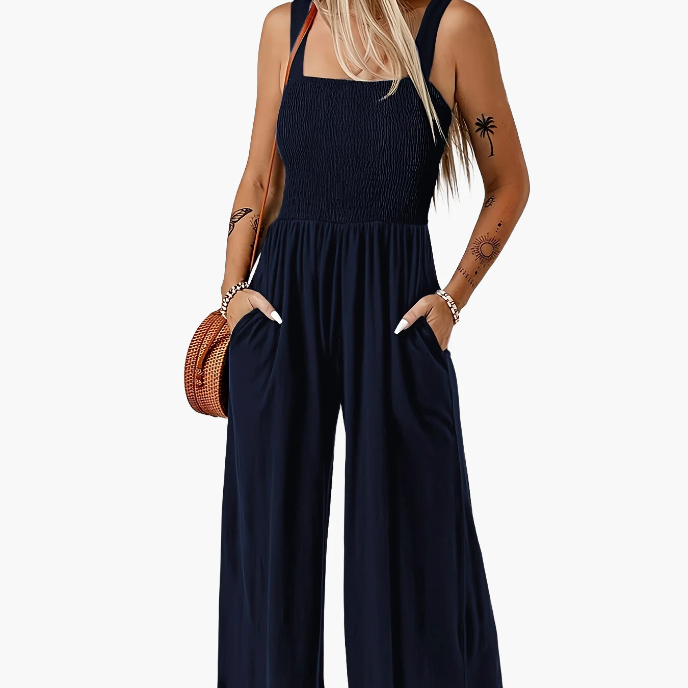 Damen Eleganter Jumpsuit mit Smock-Top und Weitem Bein für Alltag und Freizeit - Image 10