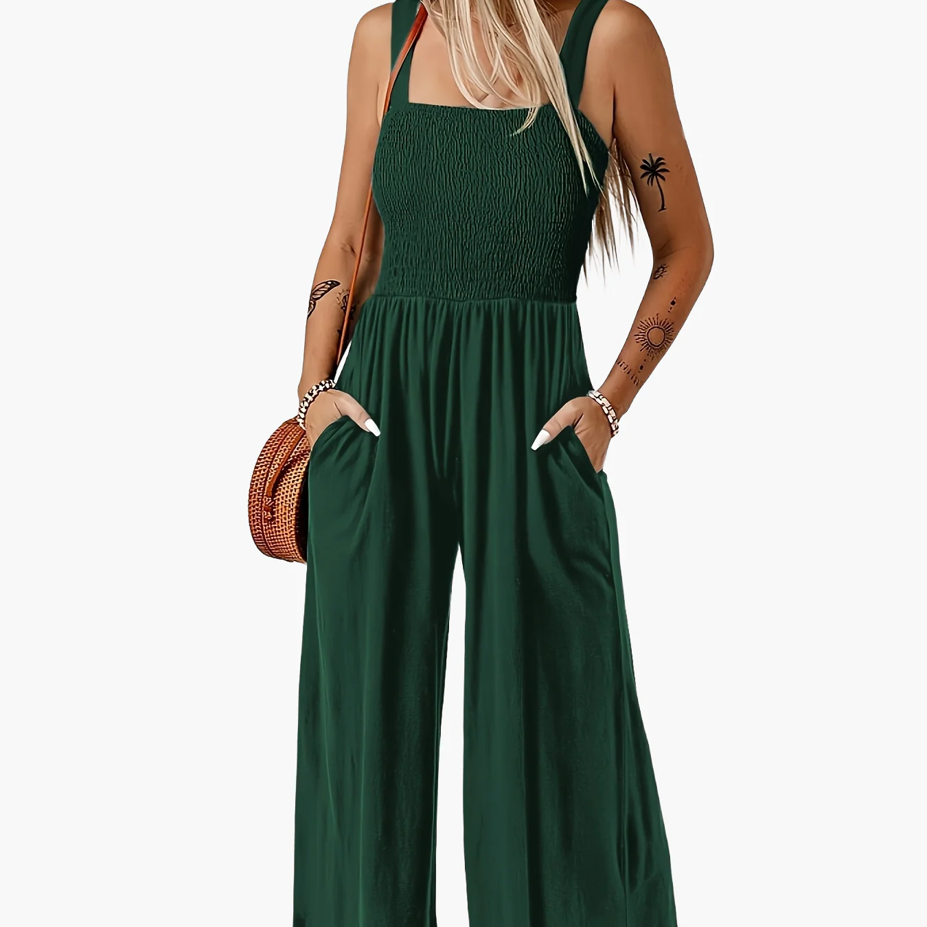 Damen Eleganter Jumpsuit mit Smock-Top und Weitem Bein für Alltag und Freizeit - Image 12