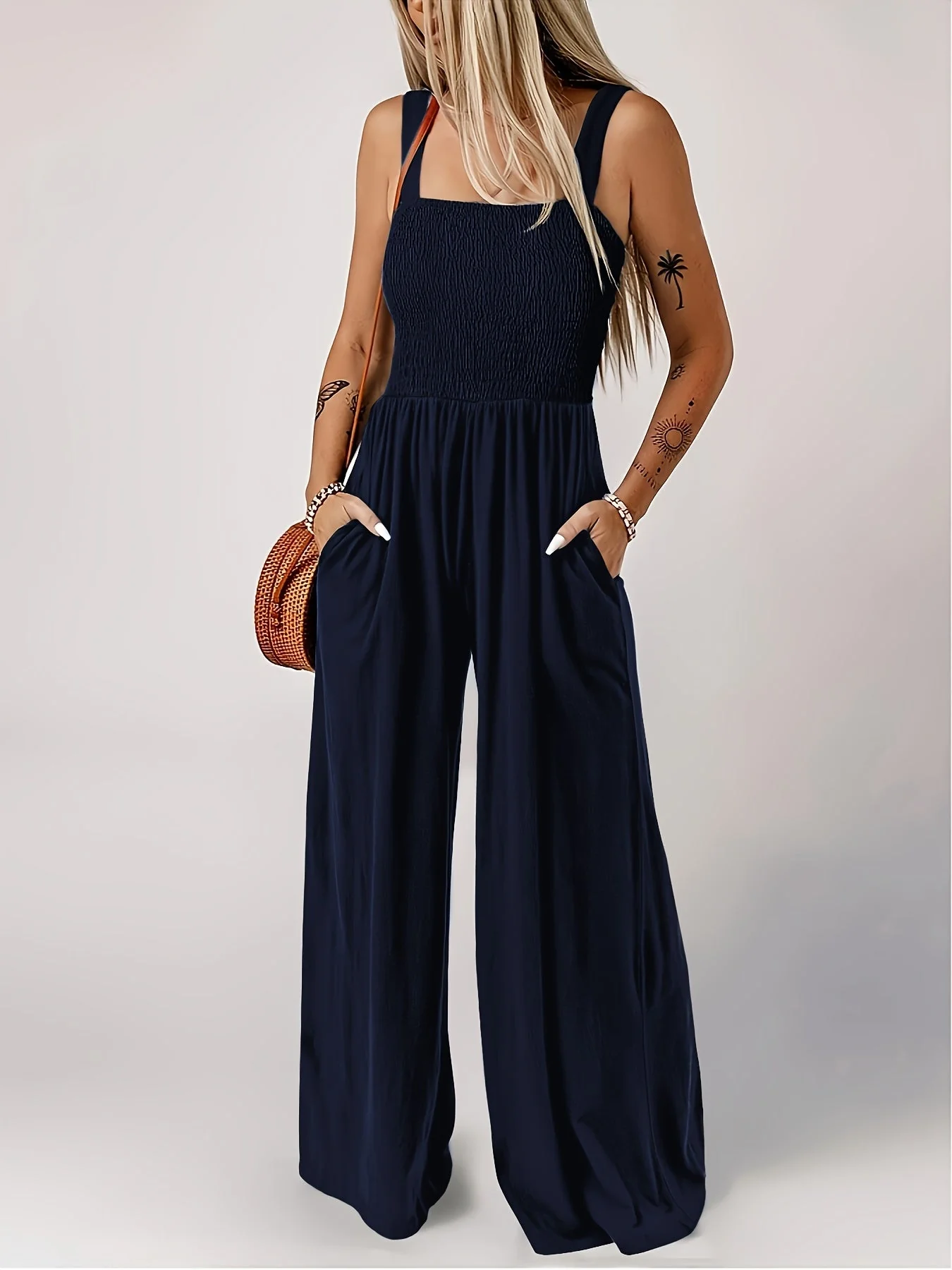Damen Eleganter Jumpsuit mit Smock-Top und Weitem Bein für Alltag und Freizeit - Image 2