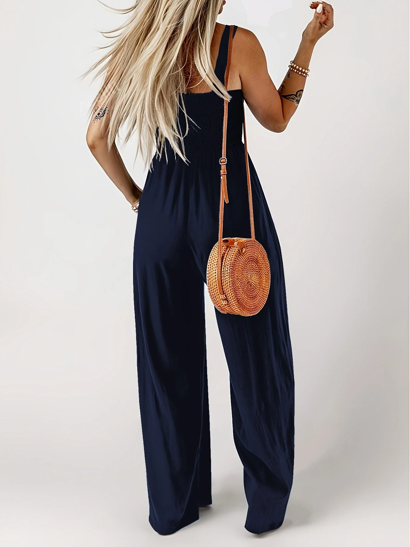 Damen Eleganter Jumpsuit mit Smock-Top und Weitem Bein für Alltag und Freizeit - Image 6