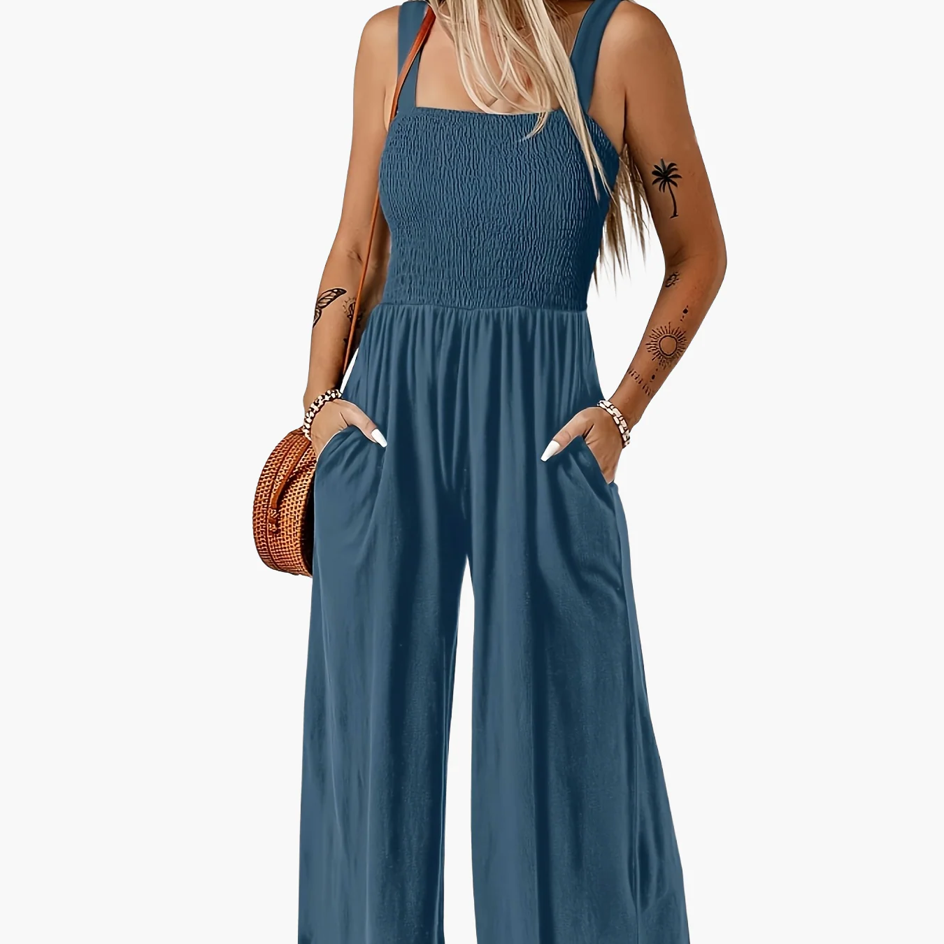 Damen Eleganter Jumpsuit mit Smock-Top und Weitem Bein für Alltag und Freizeit - Image 9