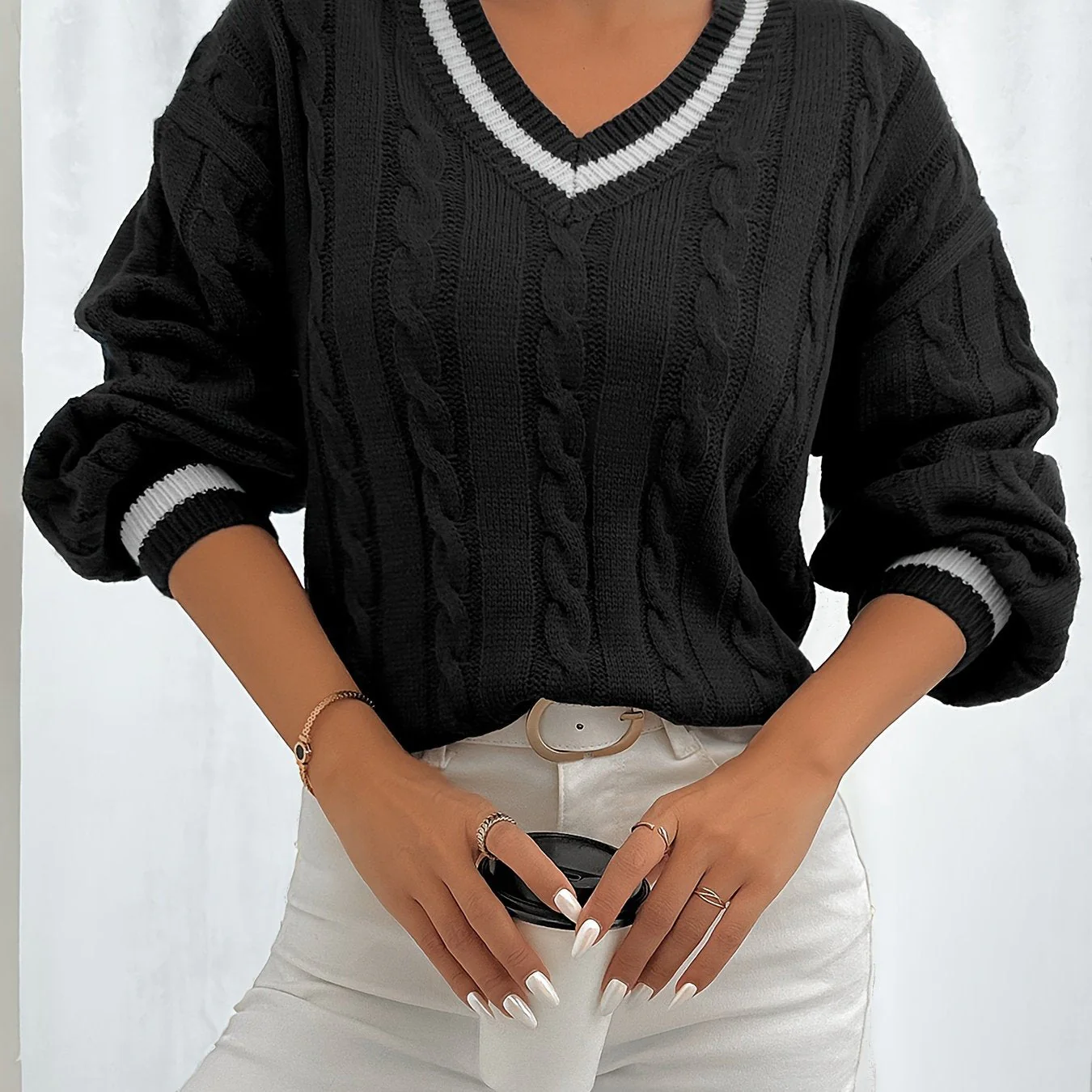 Damen Eleganter Strickpullover mit V-Ausschnitt und Zopfmuster – Perfekt für Büro & Freizeit - Image 10