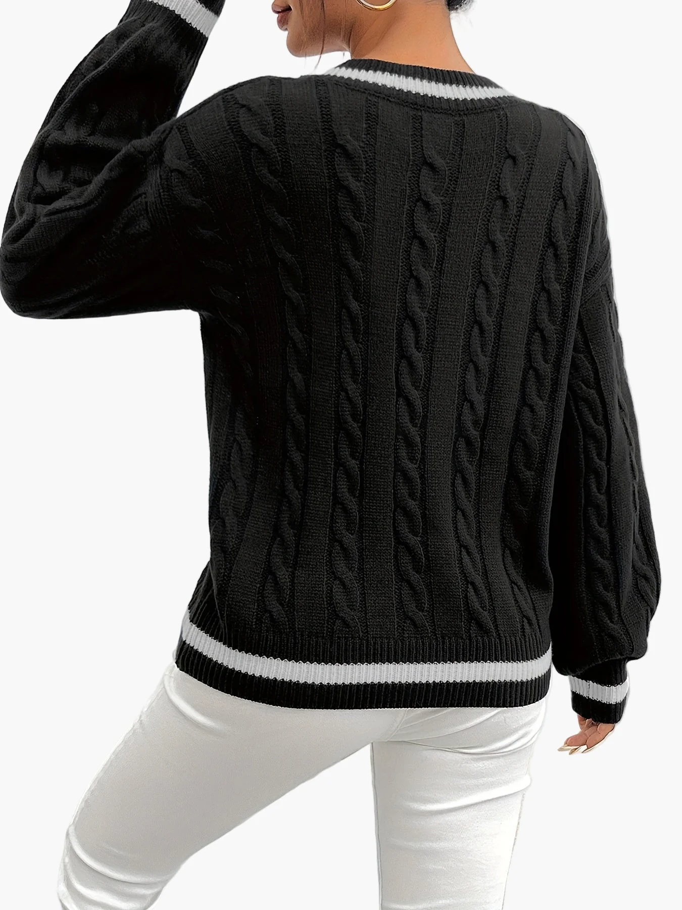 Damen Eleganter Strickpullover mit V-Ausschnitt und Zopfmuster – Perfekt für Büro & Freizeit - Image 3