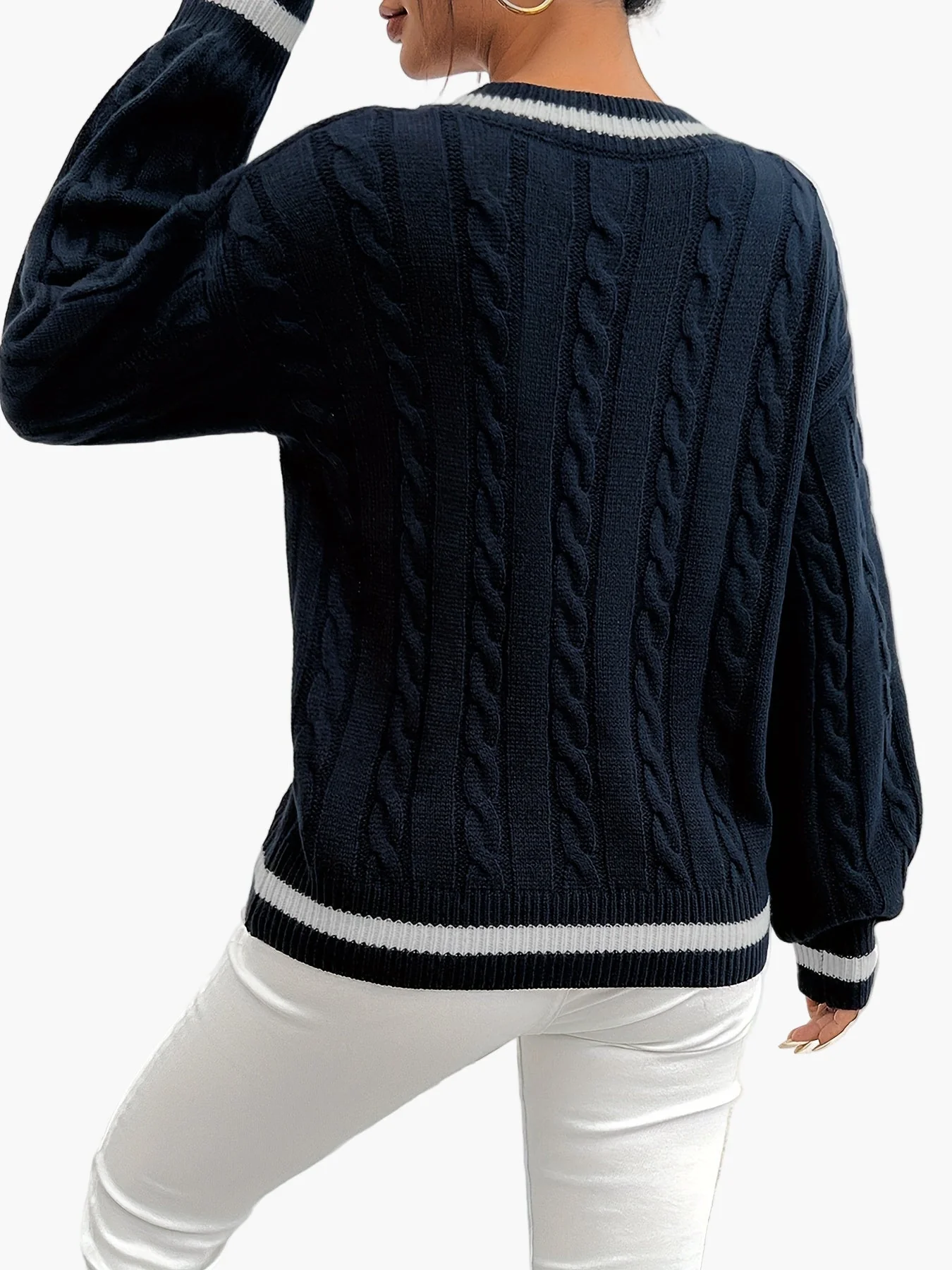 Damen Eleganter Strickpullover mit V-Ausschnitt und Zopfmuster – Perfekt für Büro & Freizeit - Image 4
