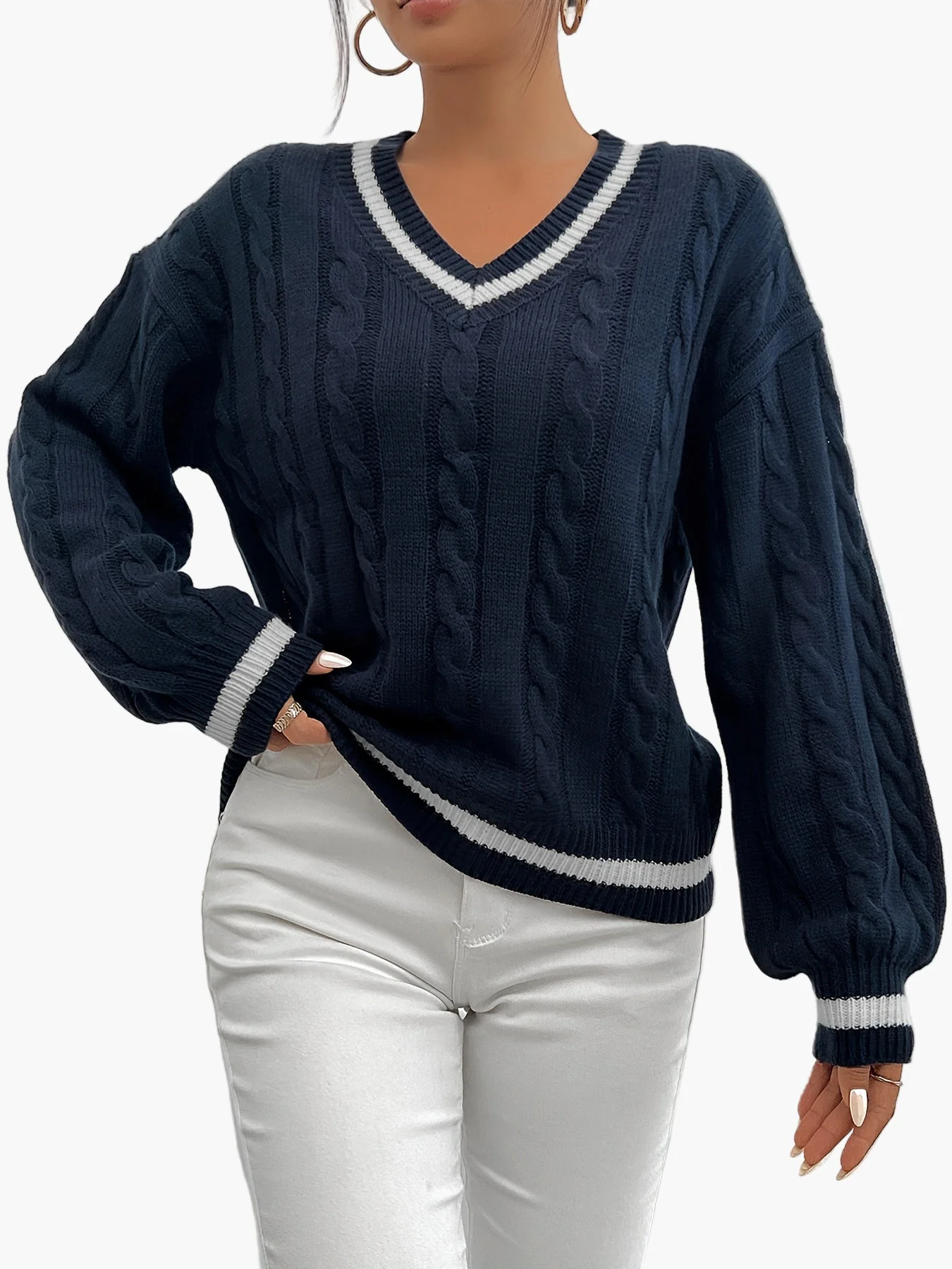 Damen Eleganter Strickpullover mit V-Ausschnitt und Zopfmuster – Perfekt für Büro & Freizeit - Image 7