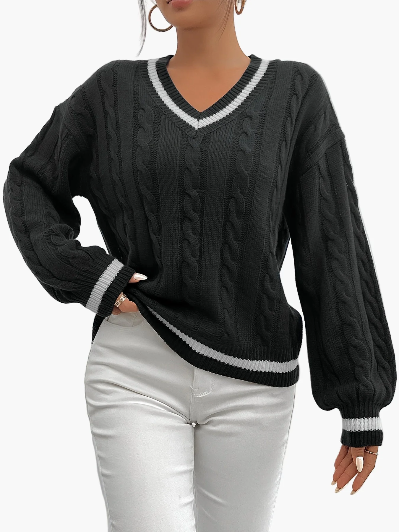 Damen Eleganter Strickpullover mit V-Ausschnitt und Zopfmuster – Perfekt für Büro & Freizeit - Image 8