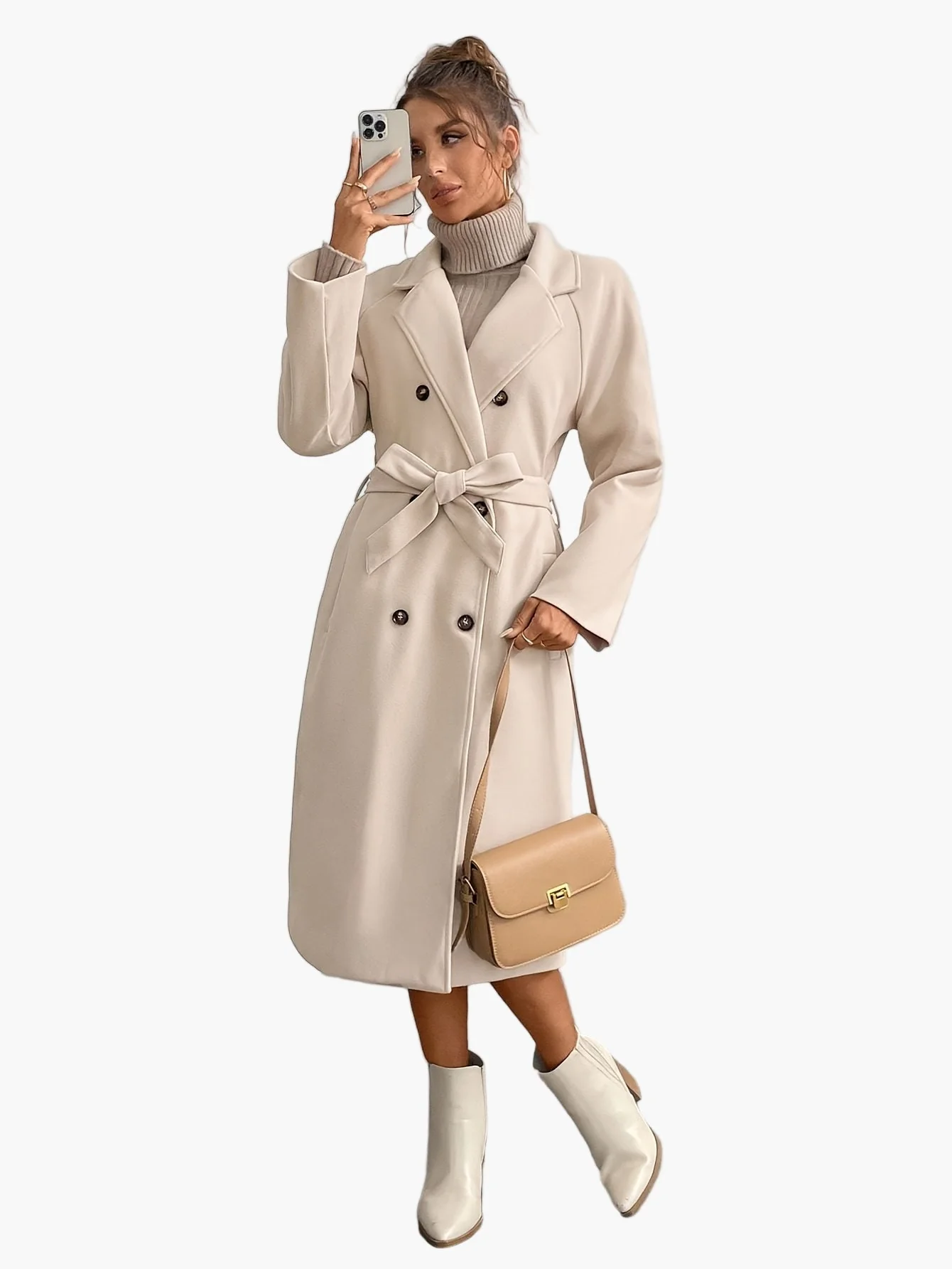 Damen Eleganter Wintermantel mit Gürtel und Taschen – Langer Doppelreihiger Übergangsmantel für Herbst und Winter - Image 10