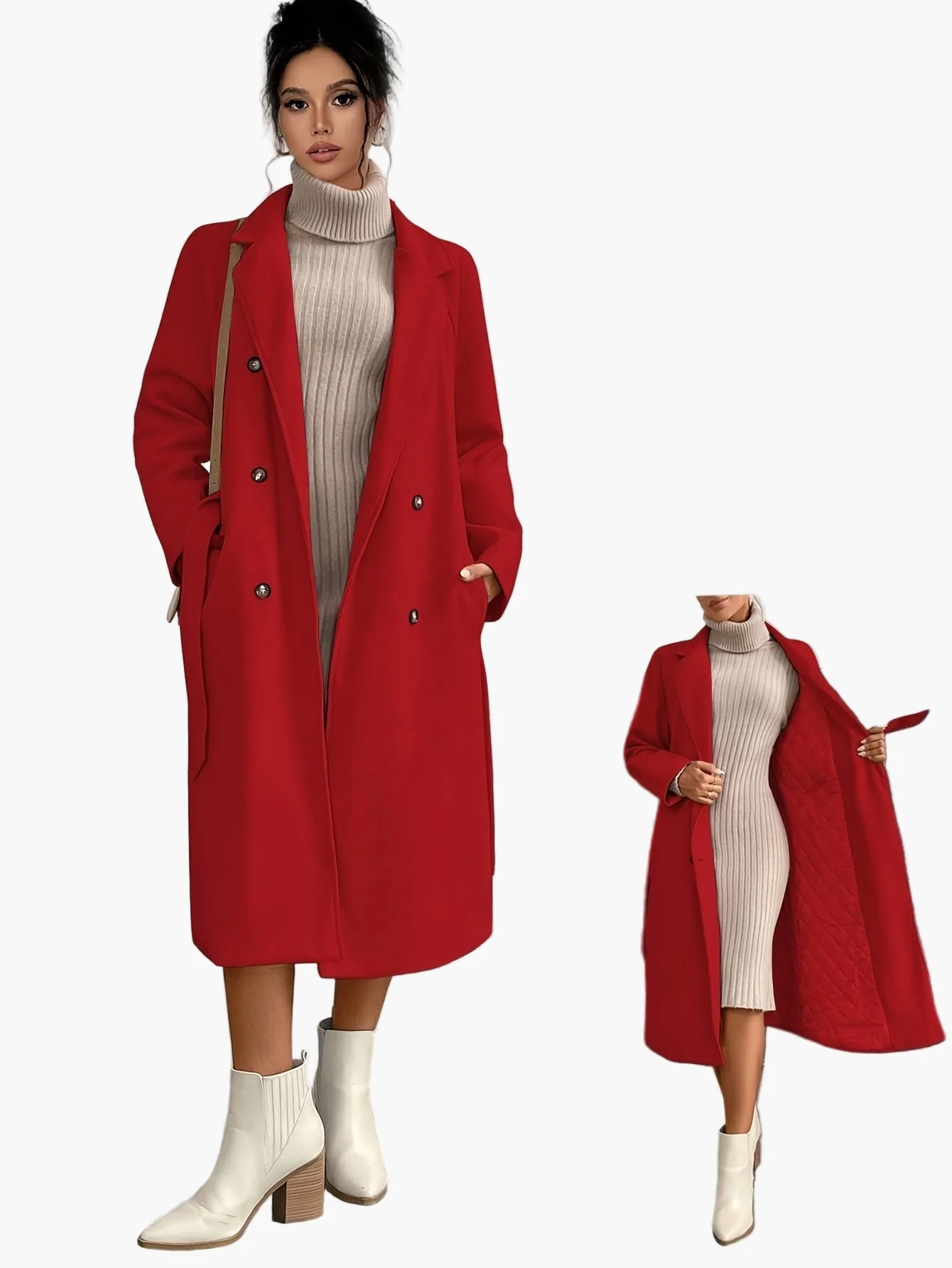 Damen Eleganter Wintermantel mit Gürtel und Taschen – Langer Doppelreihiger Übergangsmantel für Herbst und Winter - Image 2