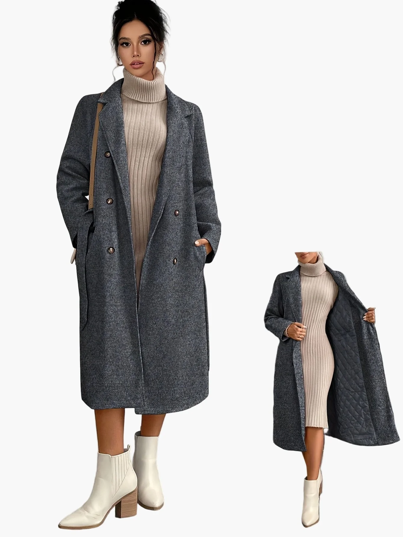 Damen Eleganter Wintermantel mit Gürtel und Taschen – Langer Doppelreihiger Übergangsmantel für Herbst und Winter - Image 3