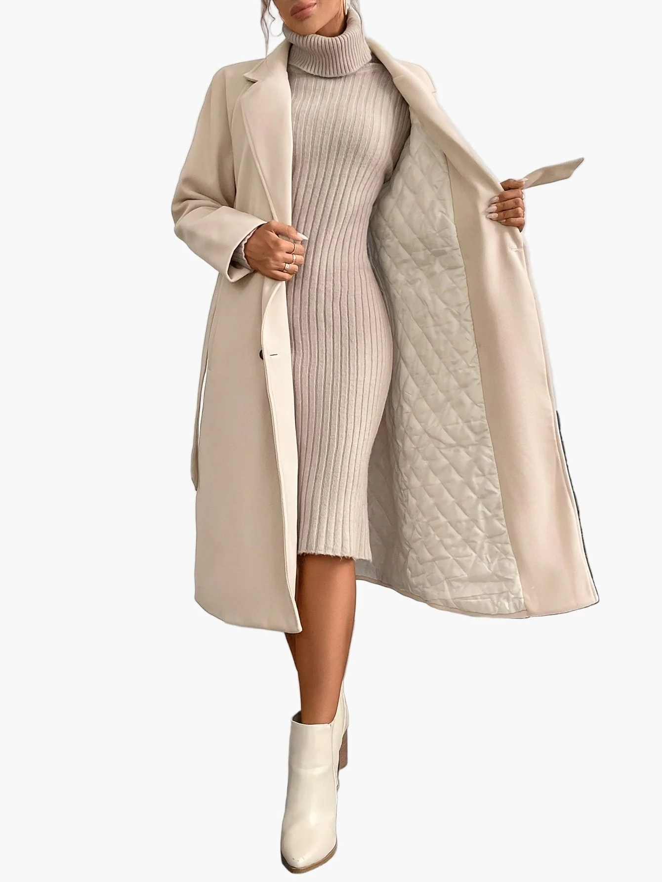 Damen Eleganter Wintermantel mit Gürtel und Taschen – Langer Doppelreihiger Übergangsmantel für Herbst und Winter - Image 7