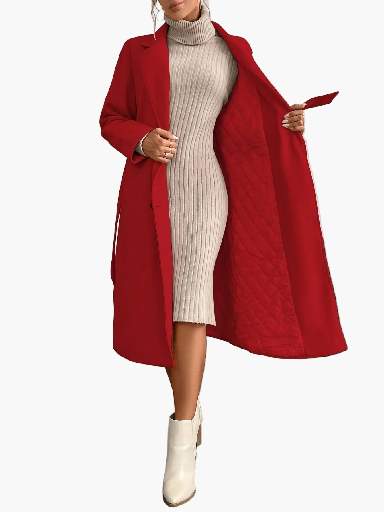Damen Eleganter Wintermantel mit Gürtel und Taschen – Langer Doppelreihiger Übergangsmantel für Herbst und Winter - Image 8