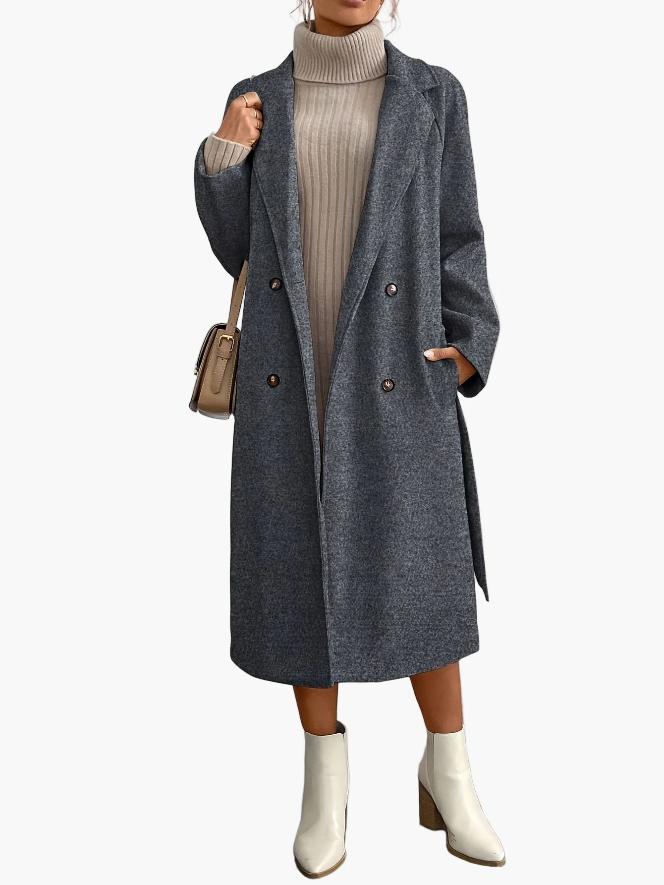 Damen Eleganter Wintermantel mit Gürtel und Taschen – Langer Doppelreihiger Übergangsmantel für Herbst und Winter - Image 9