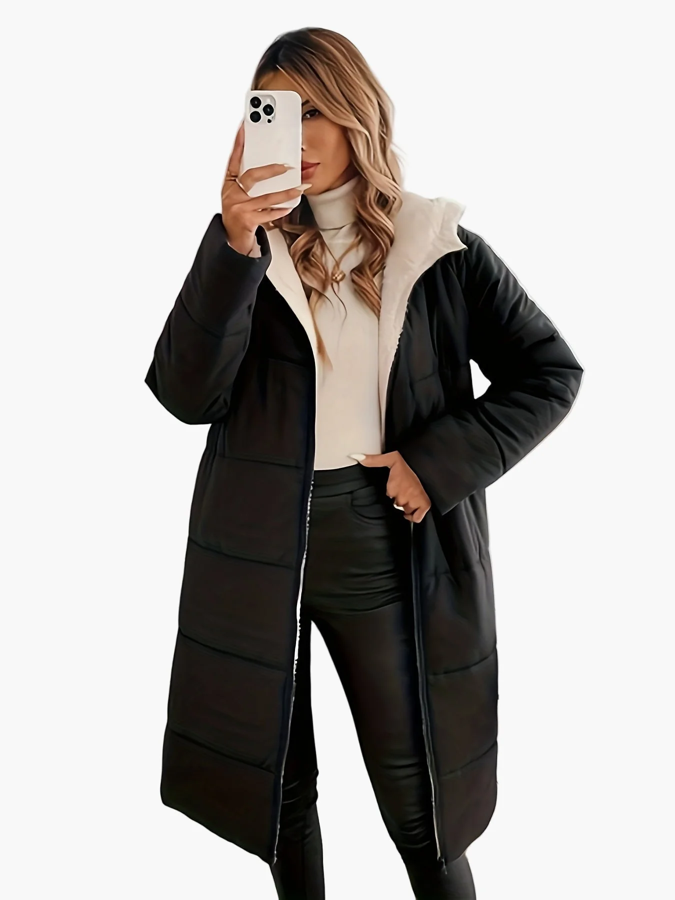 Damen Eleganter Wintermantel mit Kapuze und Reißverschluss – Perfekt für Alltag und Büro - Image 3