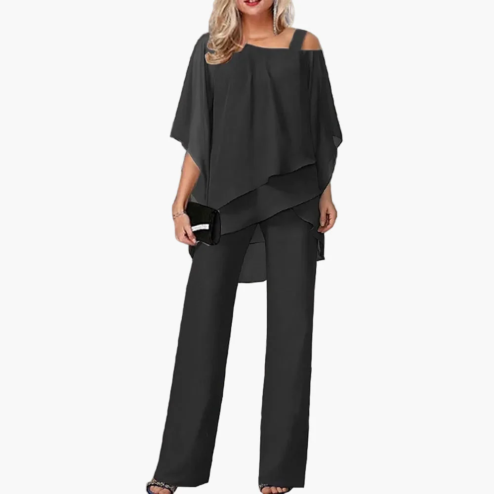 Damen Eleganter Zweiteiler mit Cold-Shoulder-Oberteil – Modischer Hosenanzug für Feste, Business & Events