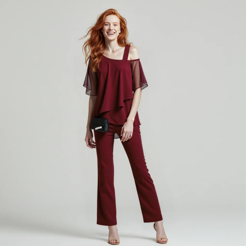 Damen Eleganter Zweiteiler mit Cold-Shoulder-Oberteil – Modischer Hosenanzug für Feste, Business & Events - Image 5