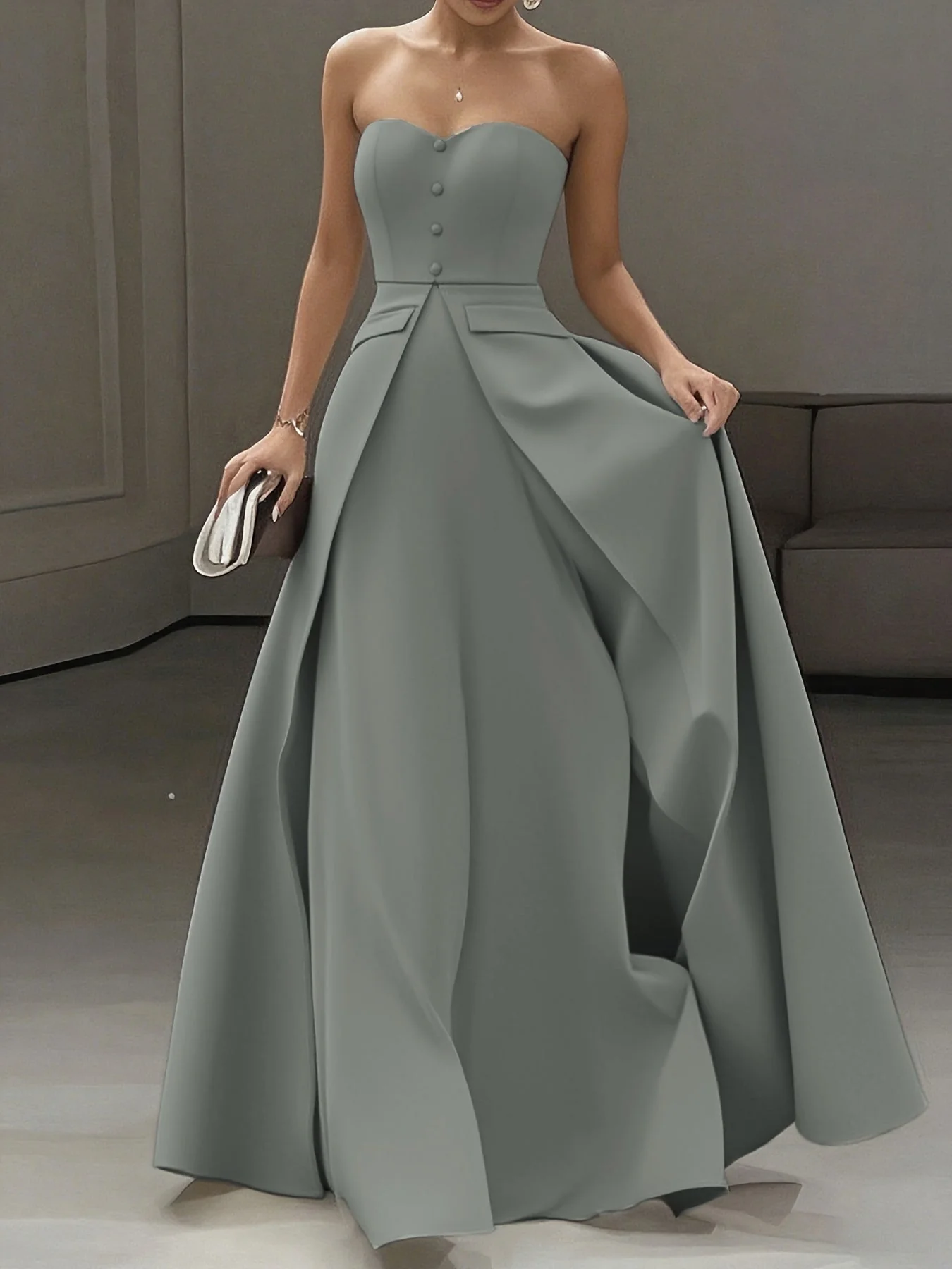 Damen Elegantes Abendkleid mit Bandeau-Oberteil und Knopfleiste – Perfekt für festliche Anlässe - Image 2