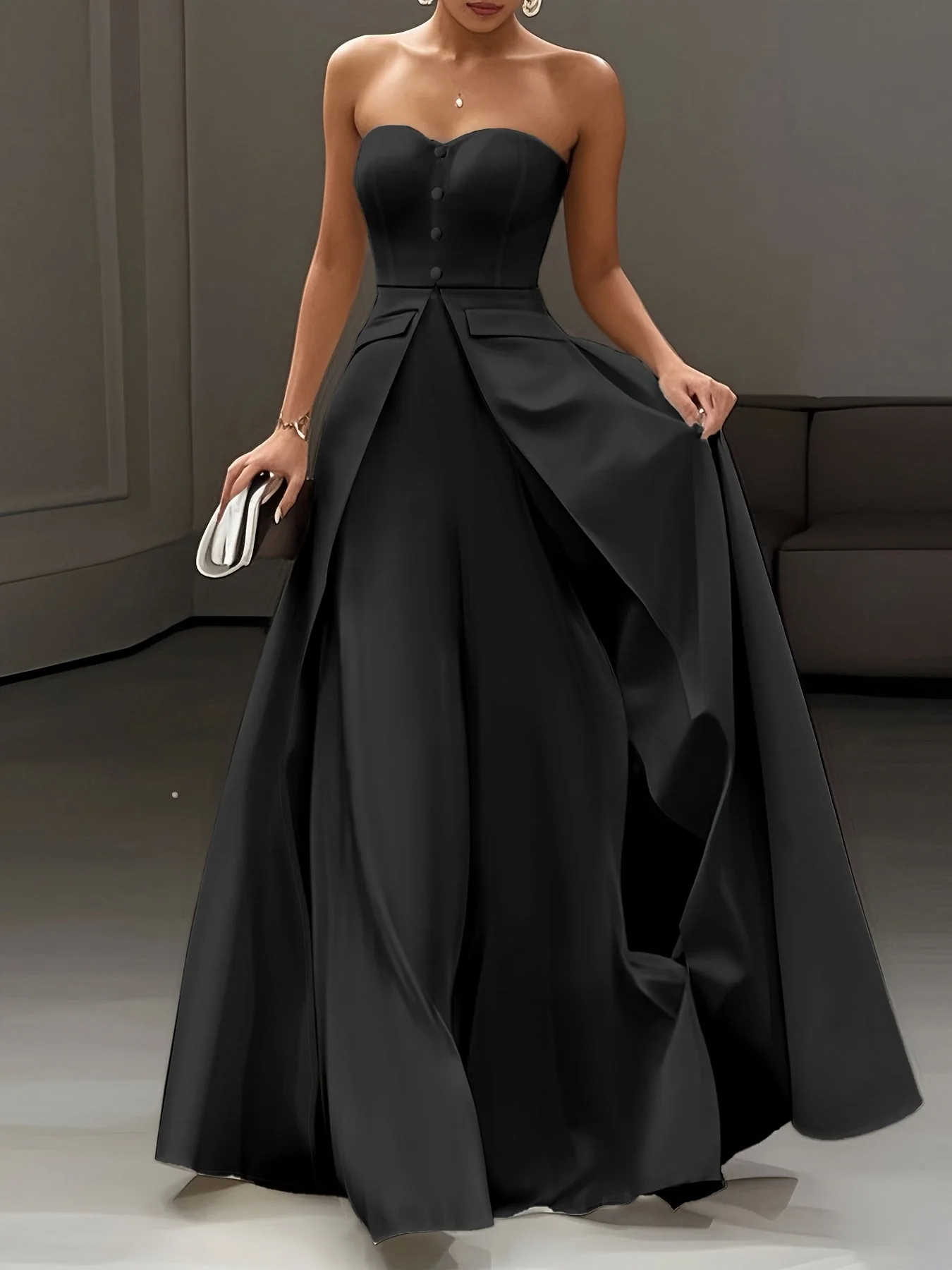 Damen Elegantes Abendkleid mit Bandeau-Oberteil und Knopfleiste – Perfekt für festliche Anlässe - Image 3