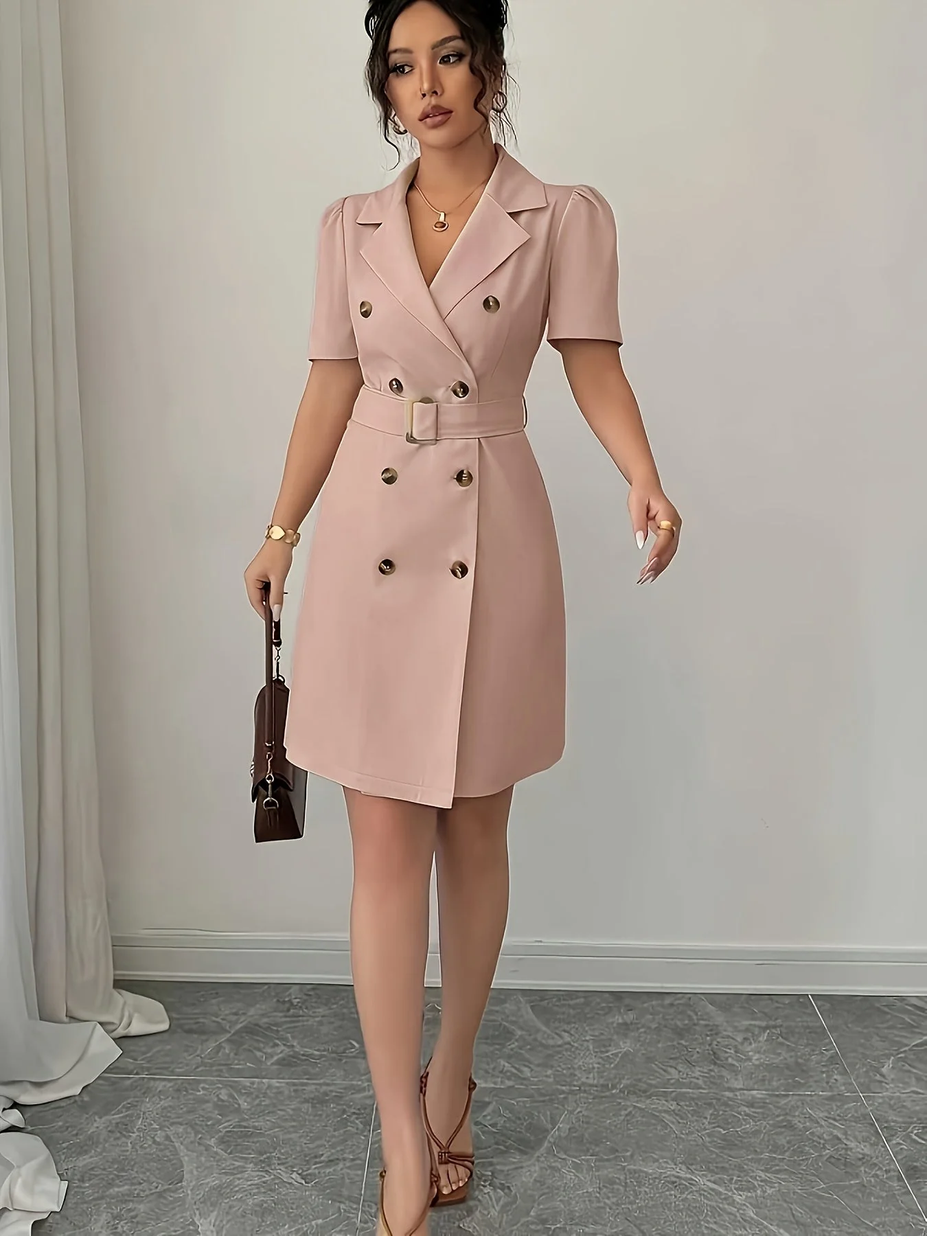 Damen Elegantes Blazer-Kleid mit Gürtel und kurzen Ärmeln – Business & Anlassmode