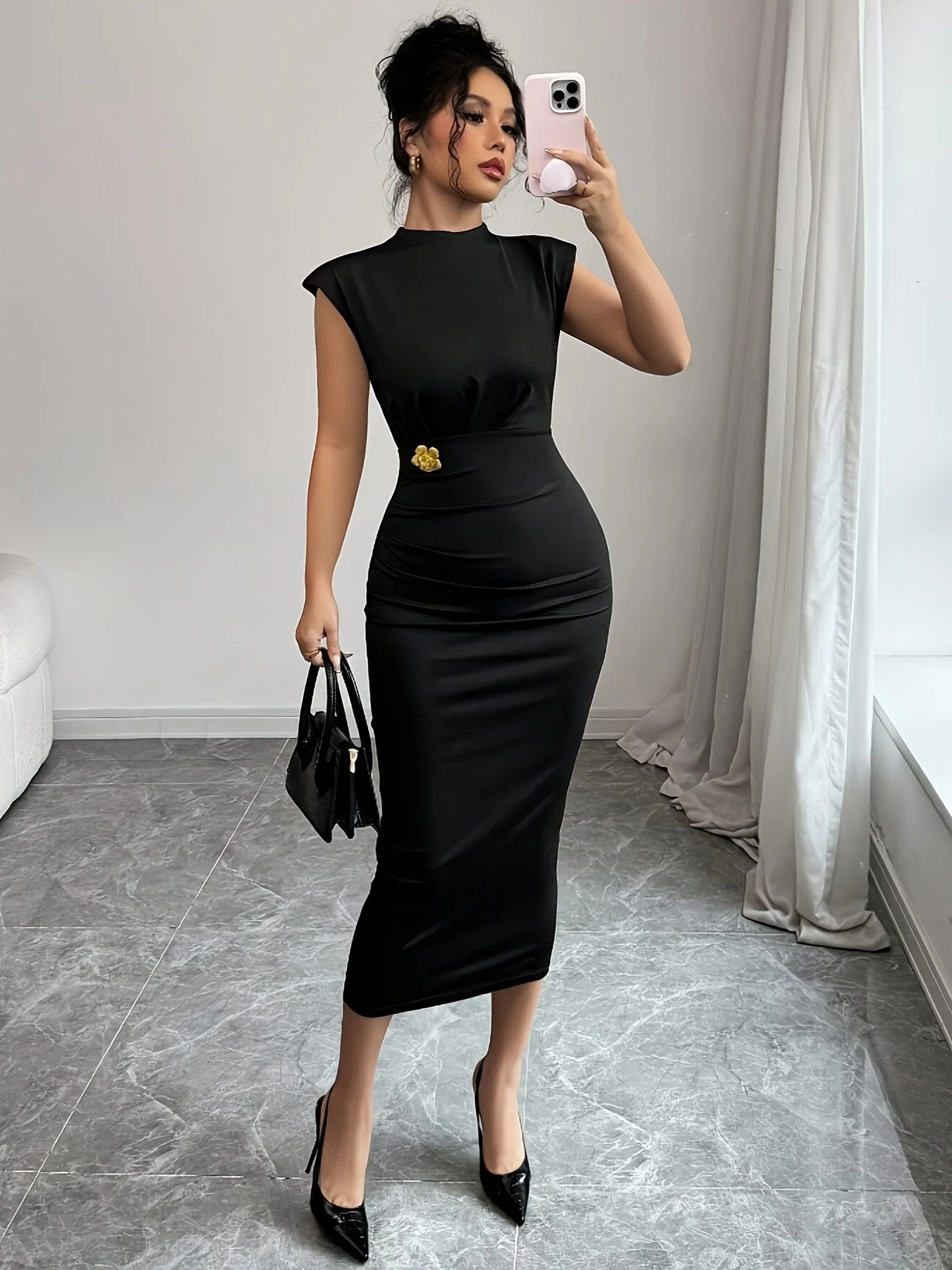 Damen Elegantes Bodycon Midikleid mit Schulterpolstern – Perfekt für besondere Anlässe und Business - Image 5
