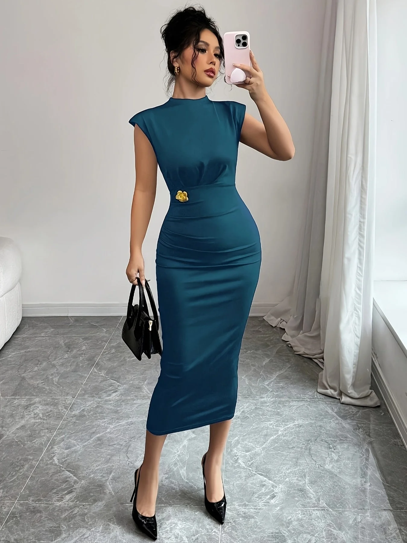 Damen Elegantes Bodycon Midikleid mit Schulterpolstern – Perfekt für besondere Anlässe und Business - Image 6