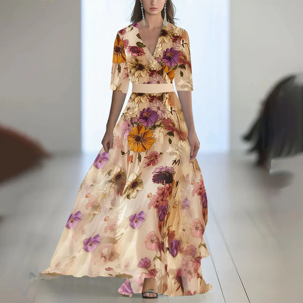 Damen Elegantes Chiffon-Maxikleid mit Blumenmuster – Perfekt für festliche Anlässe und Sommerpartys - Image 2
