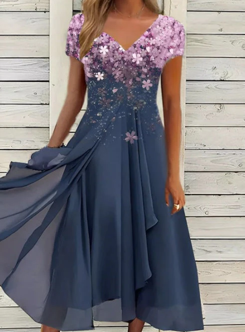 Damen Elegantes Chiffon Midikleid mit Blumenmuster und A-Linie für besondere Anlässe - Image 2
