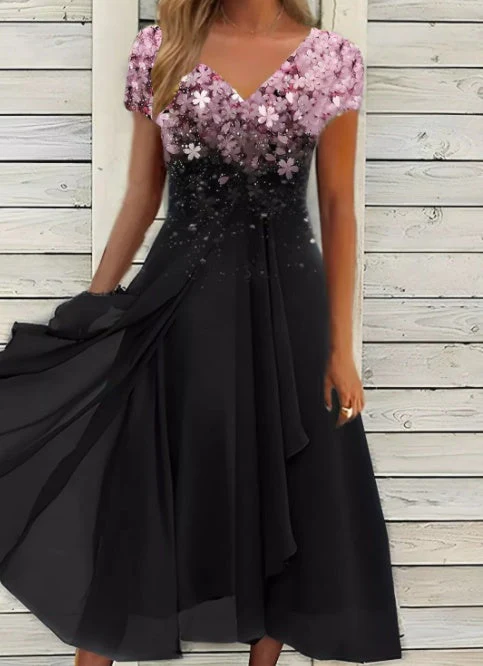 Damen Elegantes Chiffon Midikleid mit Blumenmuster und A-Linie für besondere Anlässe - Image 3