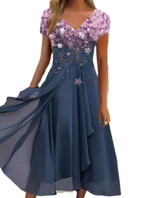 Damen Elegantes Chiffon Midikleid mit Blumenmuster und A-Linie für besondere Anlässe - Image 4