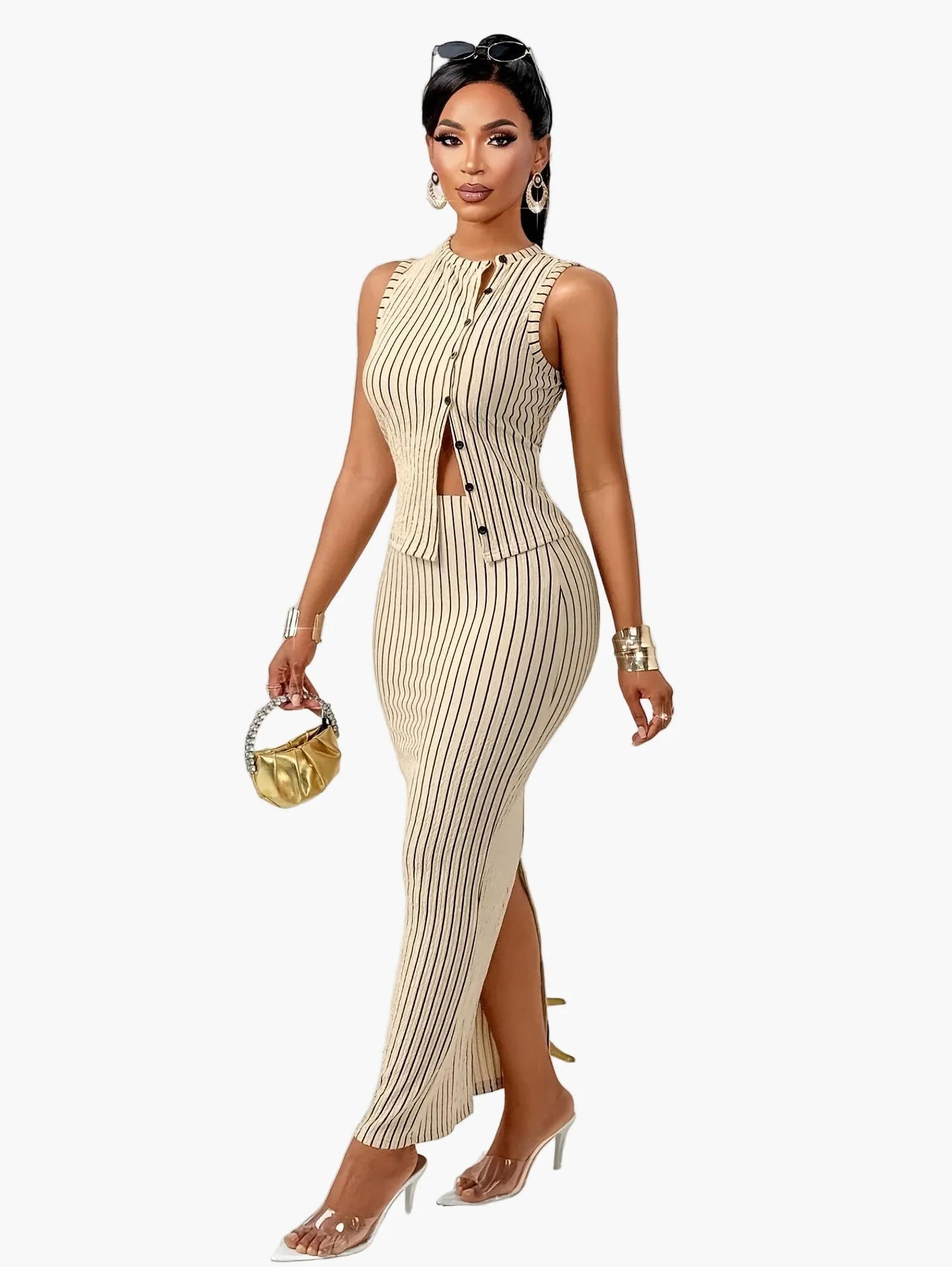 Damen Elegantes Gestreiftes Midikleid mit Knopfleiste und Figurbetontem Schnitt – Perfekt für Büro & Events - Image 5