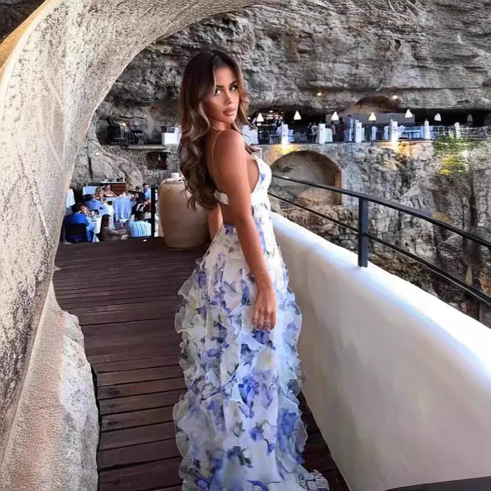 Damen Elegantes Maxikleid mit Blumen und Volants – Perfekt für besondere Anlässe und Abendveranstaltungen - Image 2