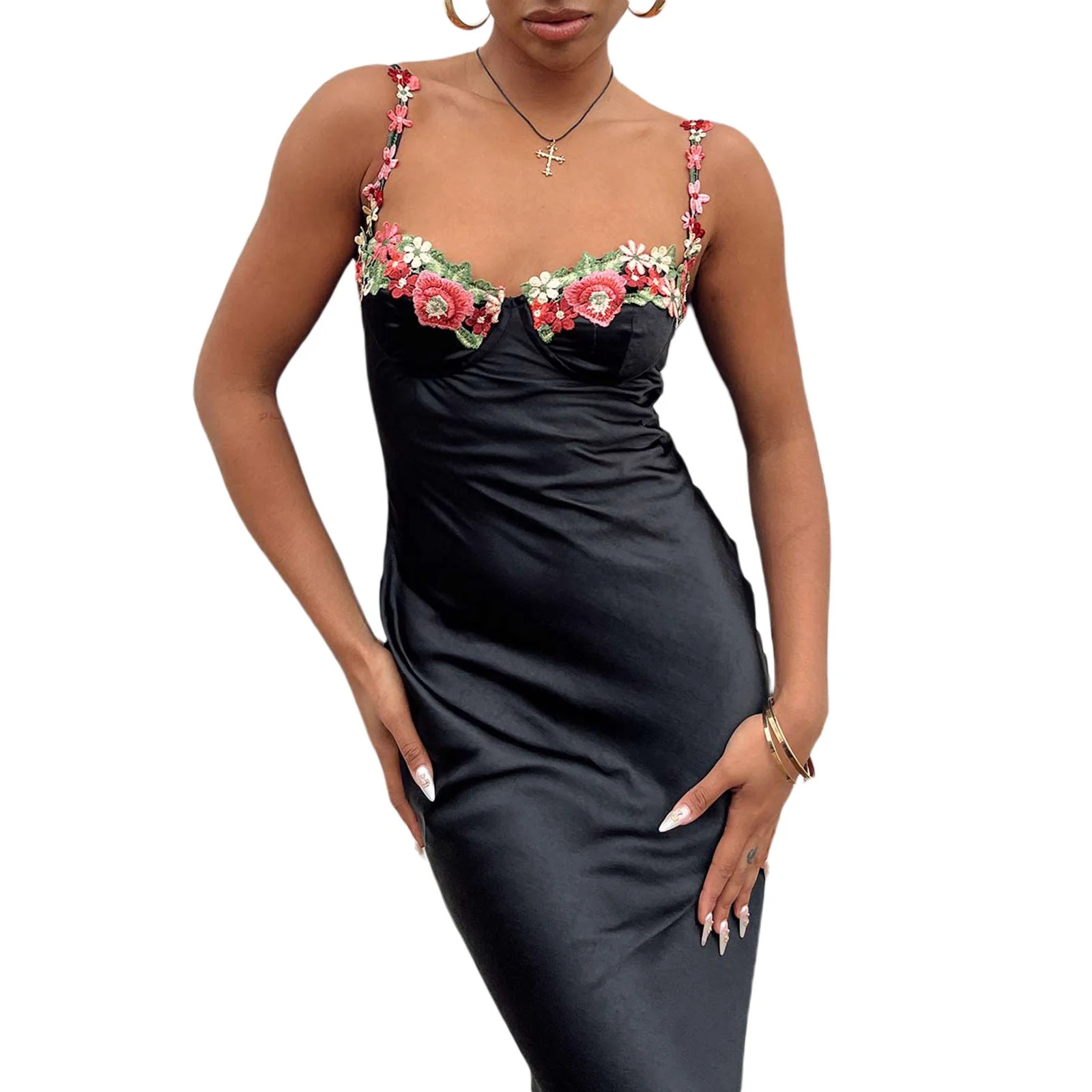 Damen Elegantes Maxikleid mit Stickerei – Satin Slip Dress für festliche Anlässe und Partys - Image 5