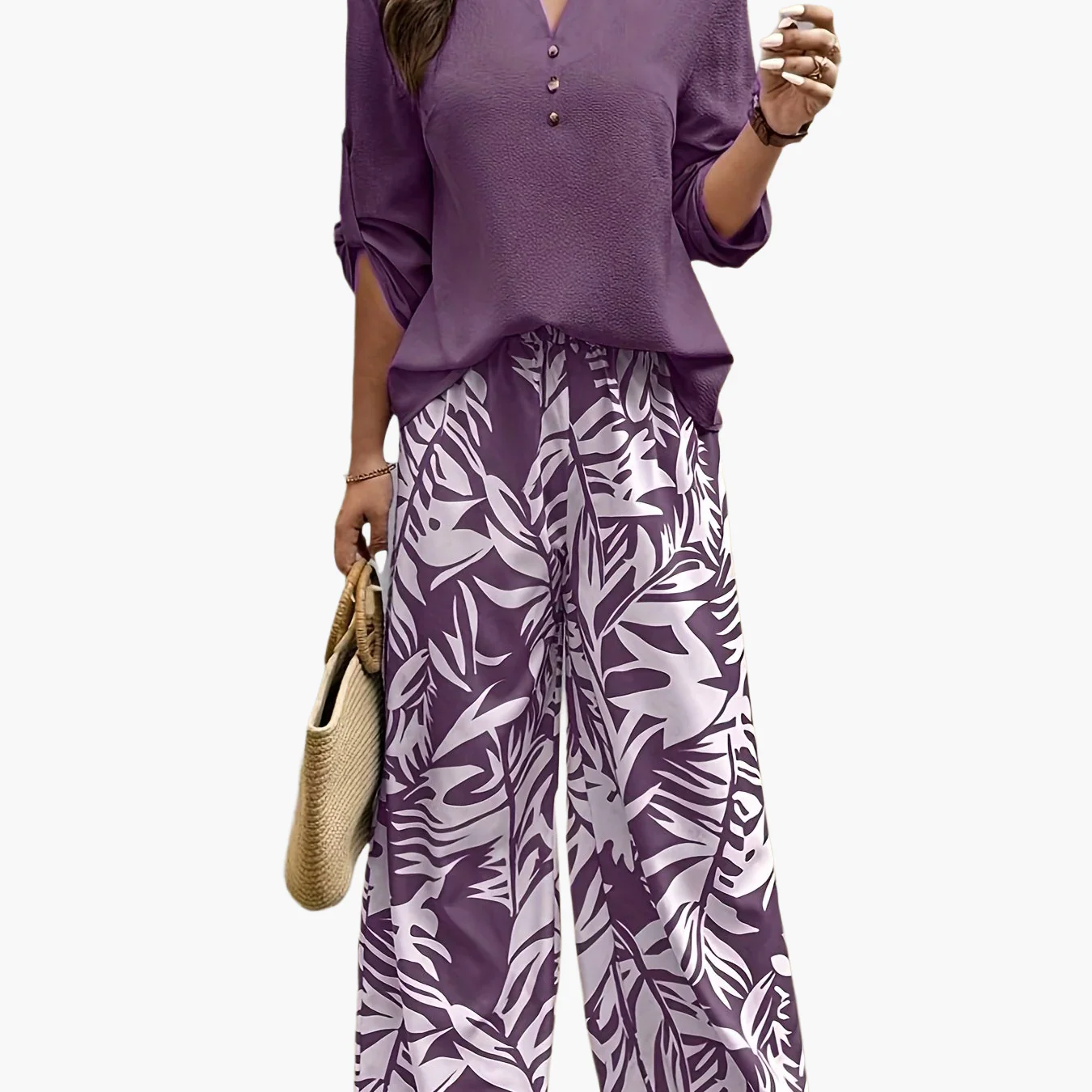 Damen Elegantes Set mit Tropenmuster – Weite Hose und Bluse, Perfekt für Frühling & Sommer - Image 10
