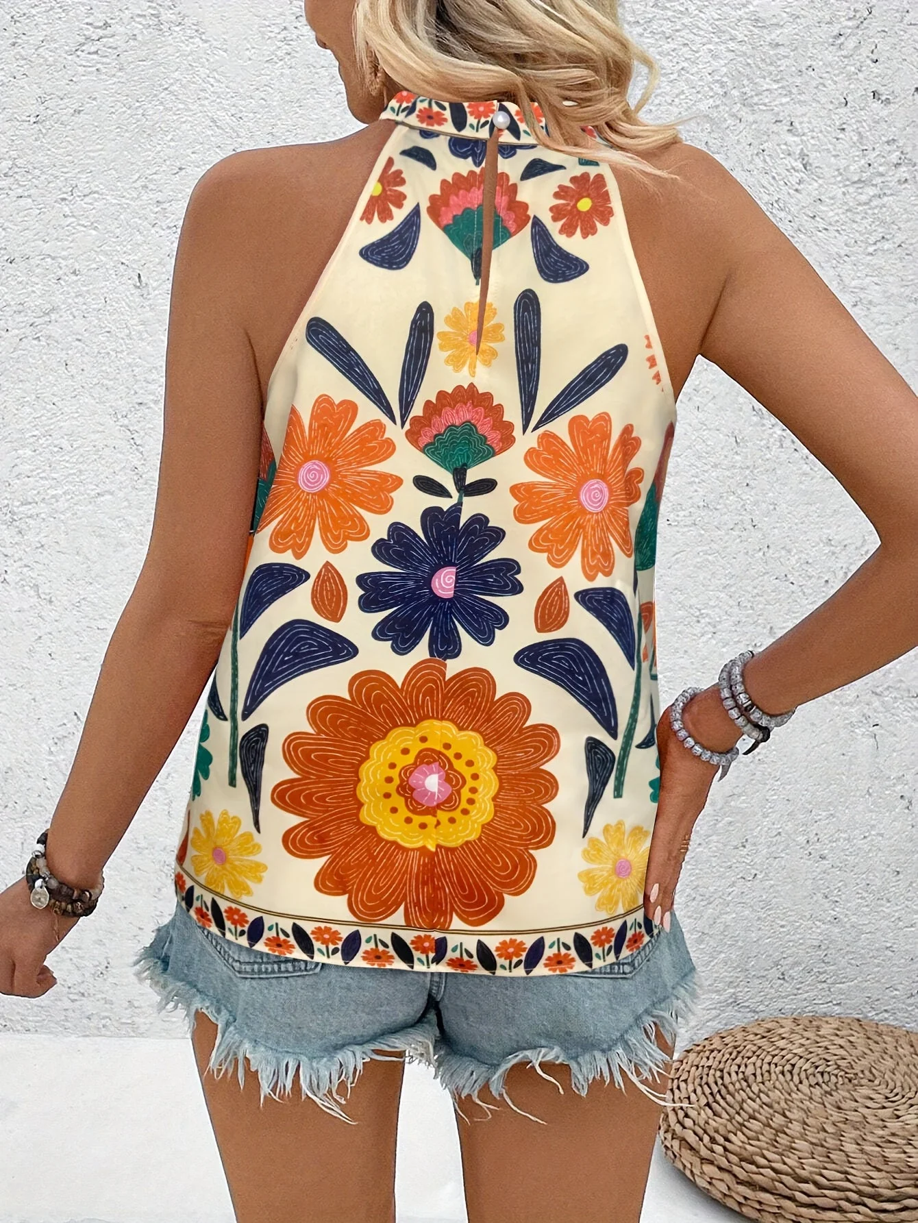 Damen Elegantes Sommer-Top mit Blumenmuster und Hohem Kragen – Modisches Freizeitshirt für Urlaub & Alltag - Image 2