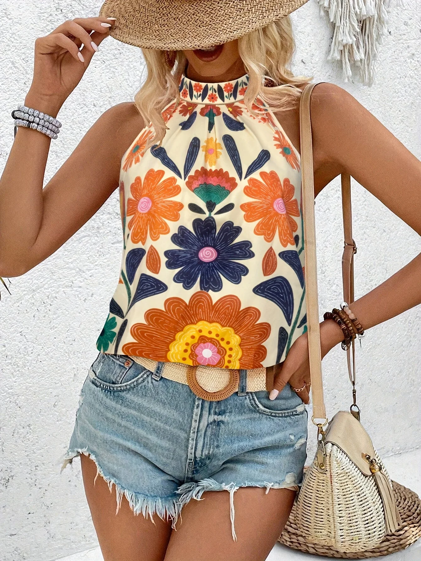 Damen Elegantes Sommer-Top mit Blumenmuster und Hohem Kragen – Modisches Freizeitshirt für Urlaub & Alltag - Image 4