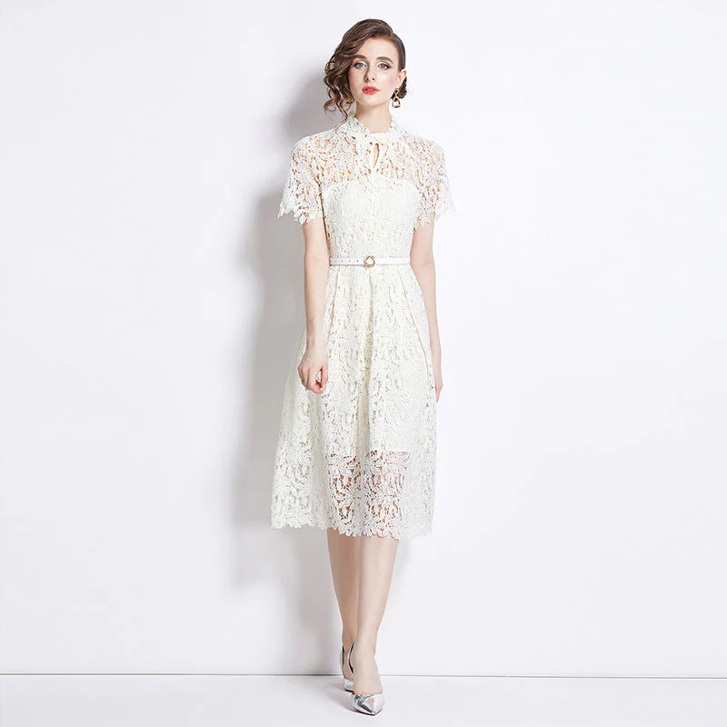Damen Elegantes Spitzenkleid Midi Festlich Fit & Flare Cocktail Hochzeit - Image 2