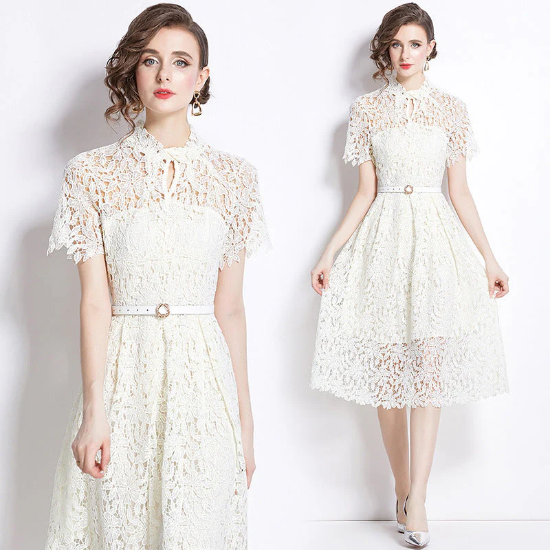 Damen Elegantes Spitzenkleid Midi Festlich Fit & Flare Cocktail Hochzeit - Image 3