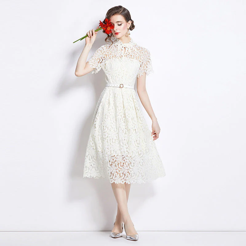 Damen Elegantes Spitzenkleid Midi Festlich Fit & Flare Cocktail Hochzeit - Image 4