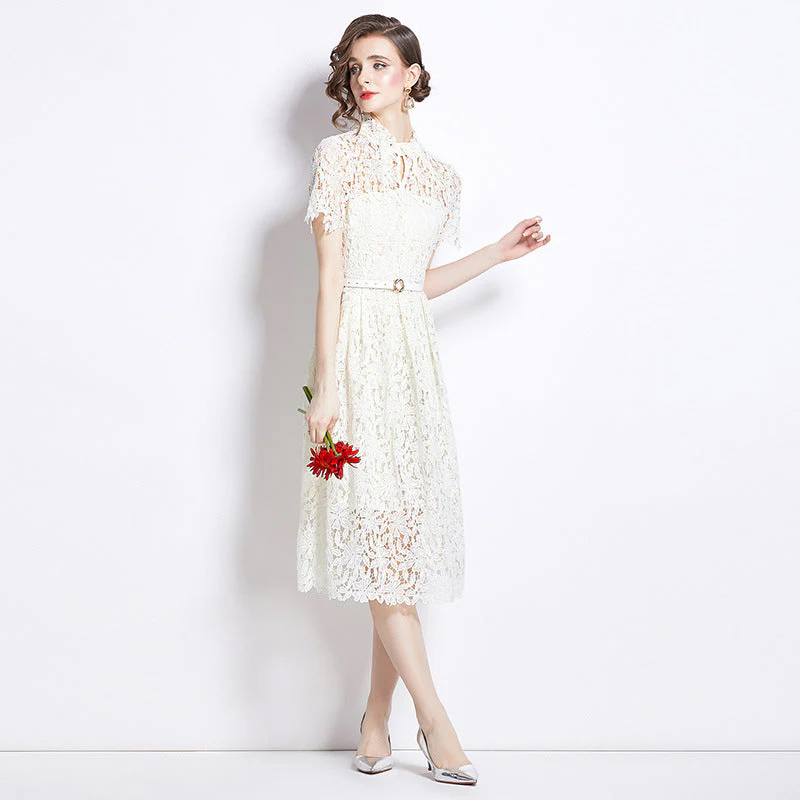 Damen Elegantes Spitzenkleid Midi Festlich Fit & Flare Cocktail Hochzeit - Image 5