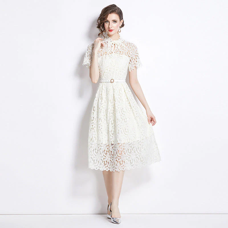 Damen Elegantes Spitzenkleid Midi Festlich Fit & Flare Cocktail Hochzeit - Image 6