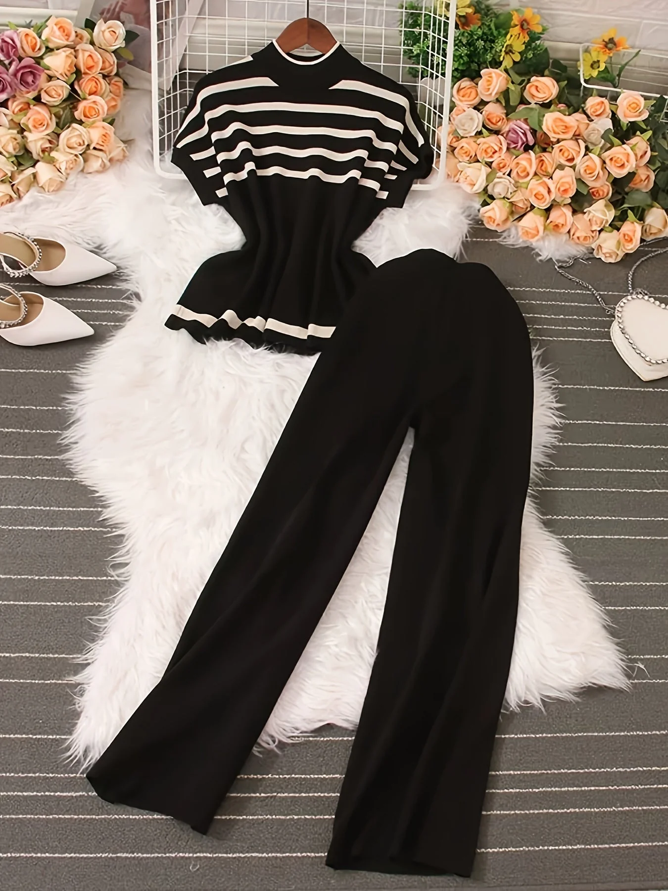Damen Elegantes Streifen-Set mit weitem Hosenbein – Lässiger, modischer Zweiteiler für Frühling und Sommer - Image 5