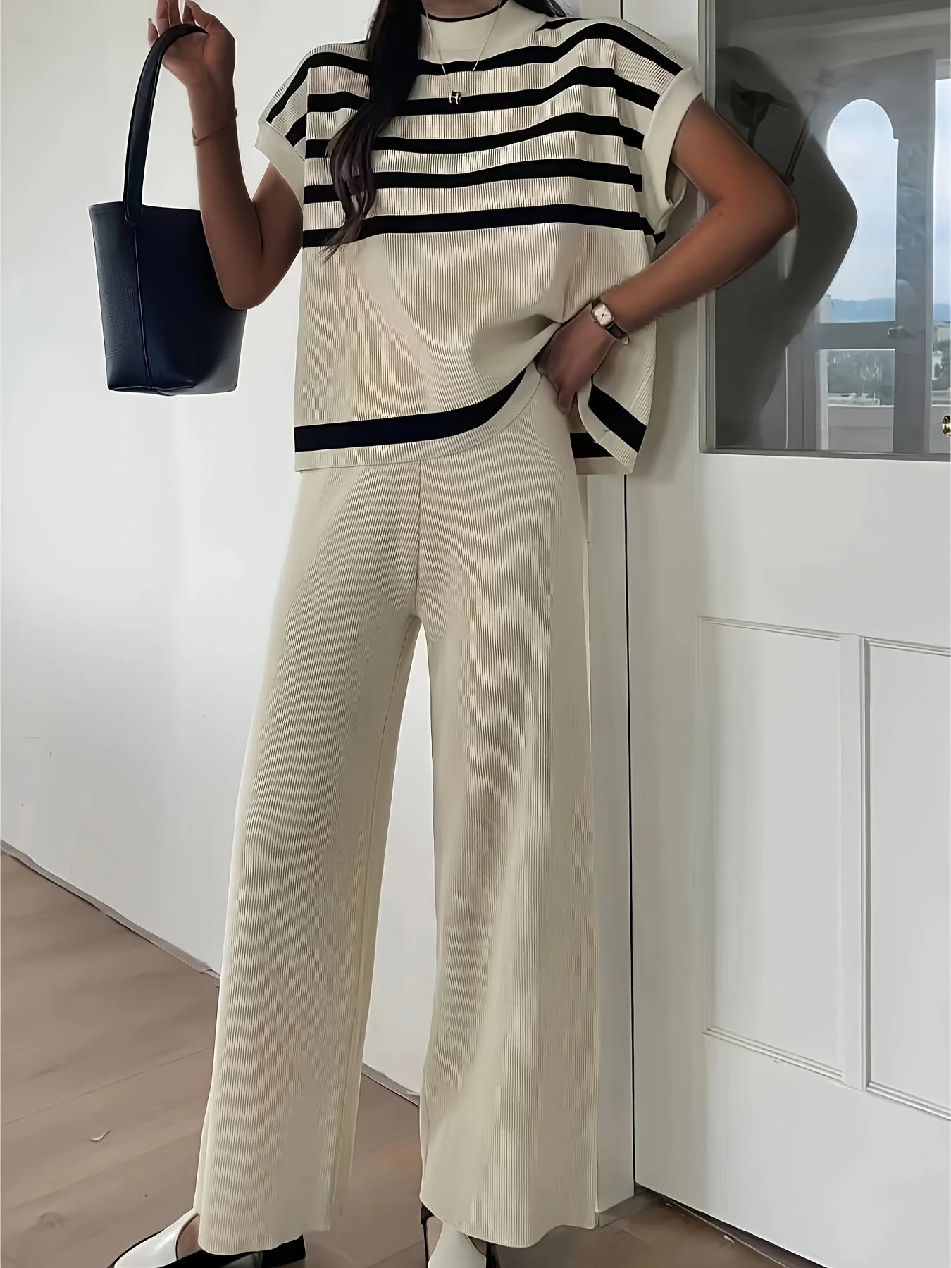 Damen Elegantes Streifen-Set mit weitem Hosenbein – Lässiger, modischer Zweiteiler für Frühling und Sommer - Image 6