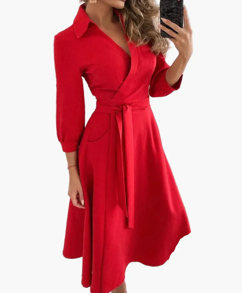 Damen Elegantes Wickelkleid mit Gürtel und Kragen – Perfekt für Büro und Alltag