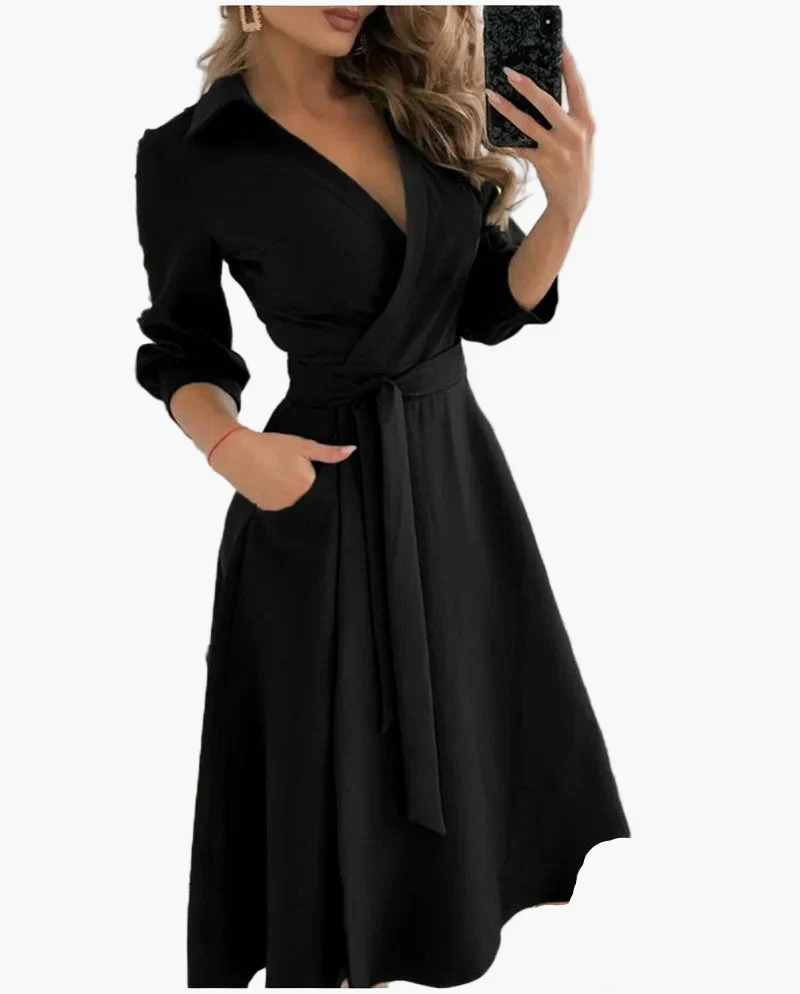 Damen Elegantes Wickelkleid mit Gürtel und Kragen – Perfekt für Büro und Alltag - Image 3