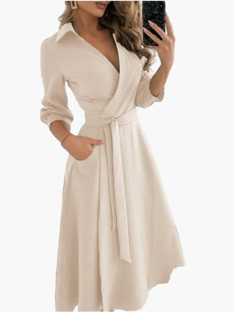 Damen Elegantes Wickelkleid mit Gürtel und Kragen – Perfekt für Büro und Alltag - Image 4