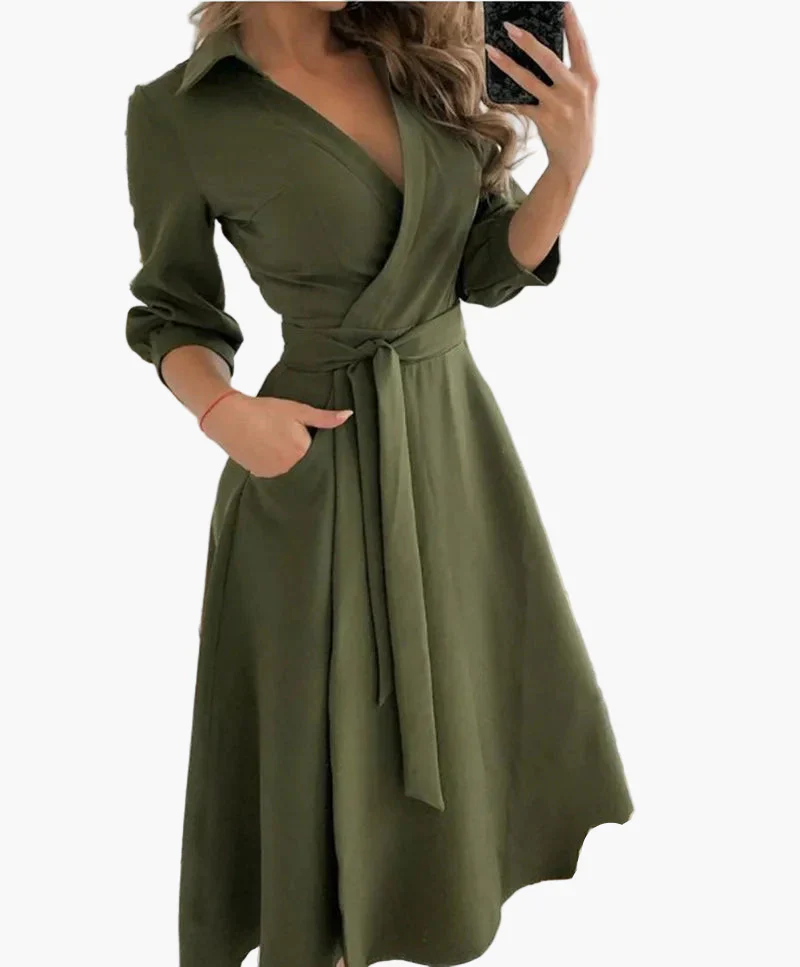 Damen Elegantes Wickelkleid mit Gürtel und Kragen – Perfekt für Büro und Alltag - Image 5
