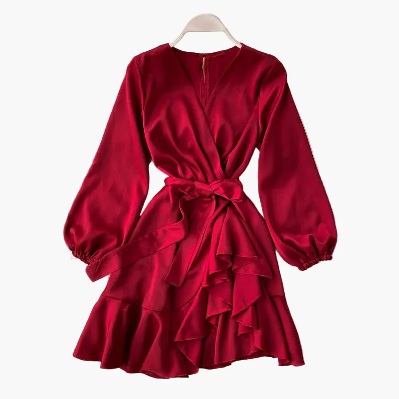 Damen Elegantes Wickelkleid mit Volants und Gürtel – Perfekt für besondere Anlässe