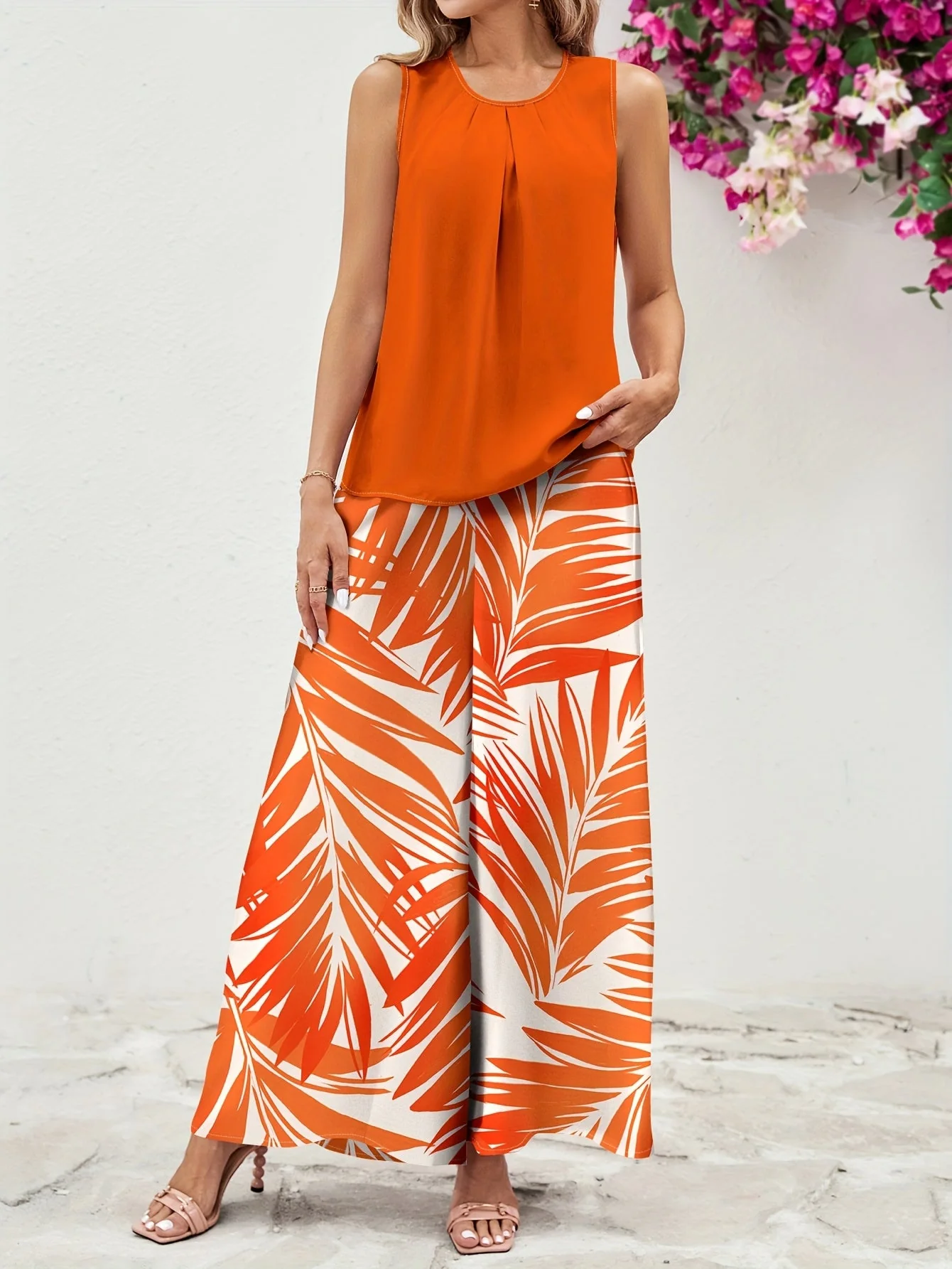 Damen Elegantes Zweiteiler Set – Ärmelloses Top und Weite Palmenprint-Hose für Sommer und Freizeit