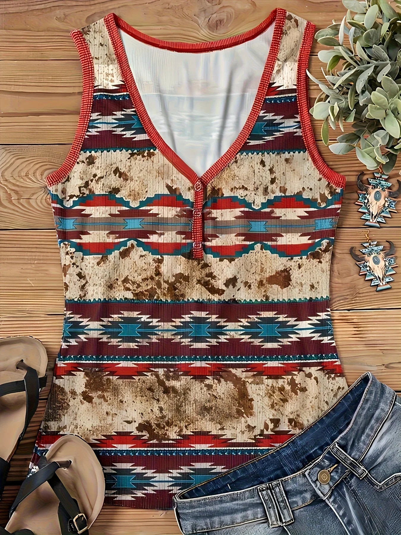 Damen Ethno-Style Sommer Top mit Knopfleiste und geometrischem Muster – Casual Freizeitmode - Image 3